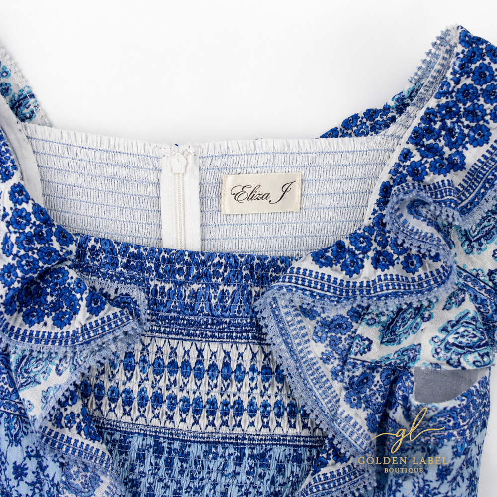 NWT Eliza J 20W Blue White Floral Smocked Midi Dress Sleeveless Pockets - Picture 6 of 8